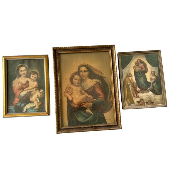 Qty (3) Religious Art Antique Framed ArtVintage‎MADONNA & CHILD